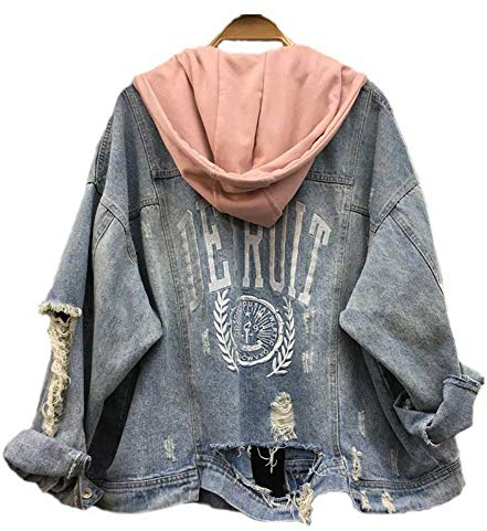 RLWQLFS Jeansjacke Frühling mit Kapuze Jacke Frauen Loch Plus größe Denim Mantel Stickerei Jeansjacke Frauen Casual Langarm Frau Jacke Mantel, XL
