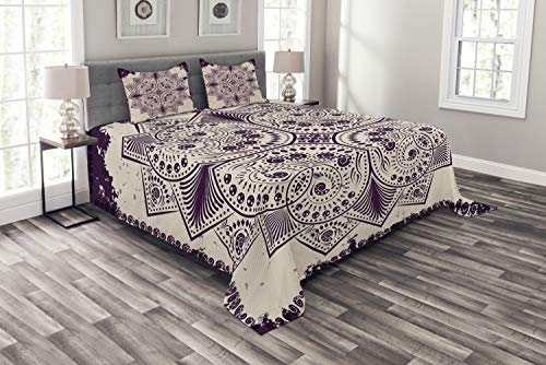 ABAKUHAUS lila Mandala Tagesdecke Set, Schneeflocke Form, Set mit Kissenbezügen Sommerdecke, für Doppelbetten 220 x 220 cm, Dunkel Violett und Grau weiß