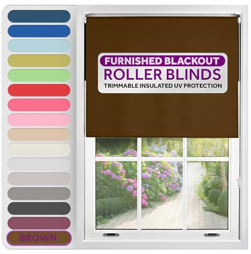 FURNISHED Roller Blinds Thermal Blackout Roller Blind - Trimmable Insulated UV Protection Child Safe Easy Fit Home Office Window Blinds, Brown, 240 cm Wide x 210 cm Long