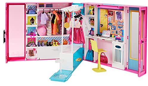 Barbie GPM43 - Traum Kleiderschrank mit 30+ Zubehörteilen, ca. 60 cm breit, 10+ Aufbewahrungsbereiche, mit Ganzkörperspiegel, kleiner Tisch & sich drehender Kleiderstange, inkl. 5 Outfits, ab 3 Jahren