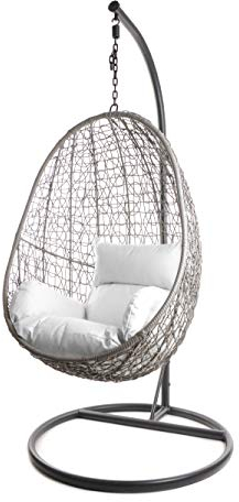 Kideo Komplettset: Korbsessel, Hängesessel mit Gestell & Kissen, Poly-Rattan (Gestell- und Korbfarbe: grau, Kissen: weiß Nest (1000 Snow))