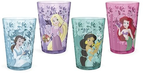 Zak Designs - Lot de 4 gobelets gigognes de 430 ml avec des gobelets en plastique durable, parfaits pour les enfants - Princesses - Belle, Jasmine et Ariel - PYRP-0731