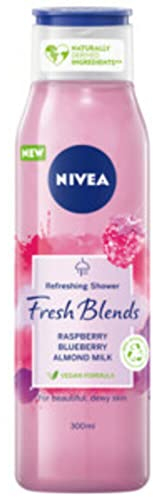 NIVEA Fresh Blends Raspberry Shower Gel (300ml), Raspberry-Scented Women's Shower Gel, Vegan Shower Gel Made with Natural Raspberry and Blueberry Juice, and Almond Milk