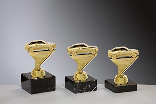 Henecka 🏁 Motorsport Trophäe Tuning Pokal Schraubfigur Sportwagen Gold, Marmorsockel schwarz, mit Wunschgravur, wählbar in 3 Größen oder als 3er-Serie (Sockel 65 x 30 mm)