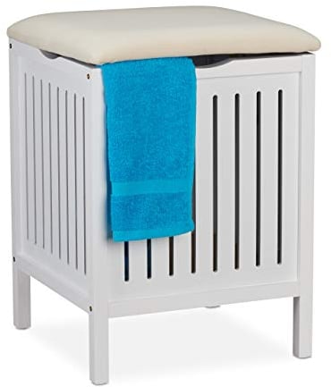 Relaxdays Basket with Seat, Country Style, Laundry Bin, Wood & Fabric, Bathroom Stool HxWxD: 55x41x41 cm, White