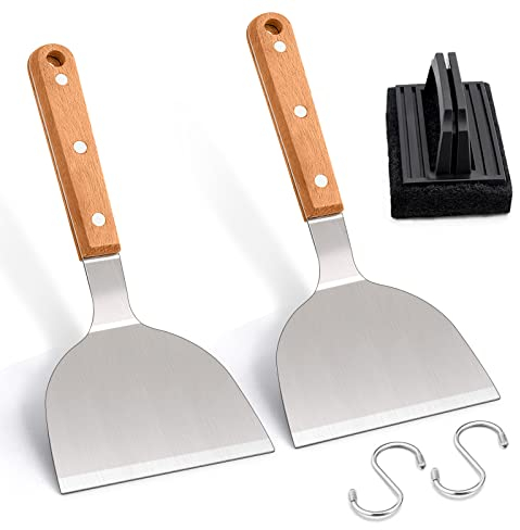 Leonyo Metal Spatula Set of 3, Stainless Steel Hamburger Spatula Turner Plus Cleaning Brush, BBQ Tools for Flat Top Hibachi Teppanyaki Skillet Cooking Frying Grilling