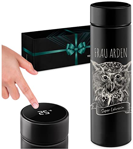 Maverton Thermobecher Kaffeebecher 450 ml - Isolierbecher personalisiert - 100% dicht - Led Temperatur Anzeige - aus Edelstahl - Geschenk für Frauen - schwarz - Lehrerin