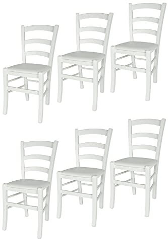t m c s Tommychairs - 6er Set StühleVENEZIA für Küche und Esszimmer, Robuste Struktur aus Buchenholz, deckend Weiss lackiert und gepolsterte Sitzfläche mit Kunstleder in der Farbe Weiß bezogen