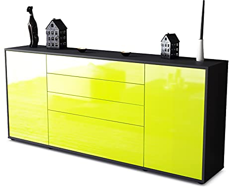 Stil.Zeit Kommode Sideboard, Allard, Korpus anthrazit matt, Front Hochglanz Design Limettengrün, (180x79x35cm), Push to Open Technik & Leichtlaufschienen