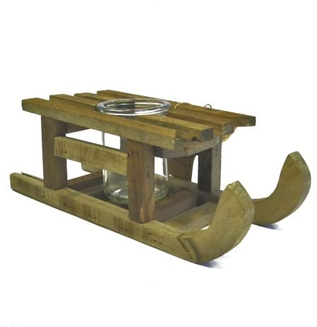 Teelichthalter Holzschlitten Deko Weihnachten Tisch Natur 33 cm Glas
