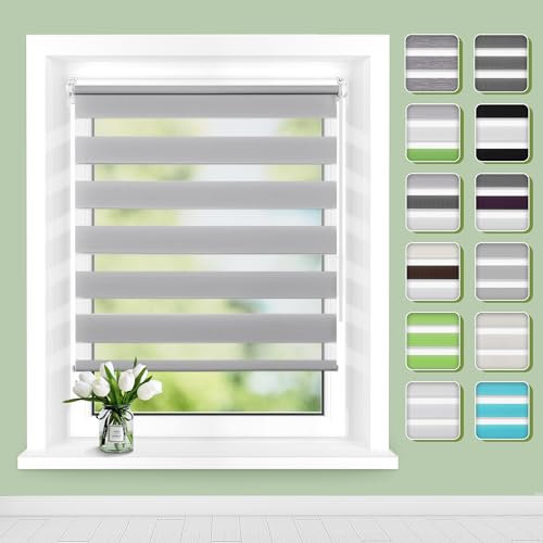 Doppelrollo Klemmfix ohne Bohren B80 x H200cm(Stoffbreite 76cm) Grau, Rollos für Fenster ohne Bohren, Klemmrollos mit Lichtdurchlässig & Verdunkelnd, Fensterrollo Innen Sonnenschutz Rollo
