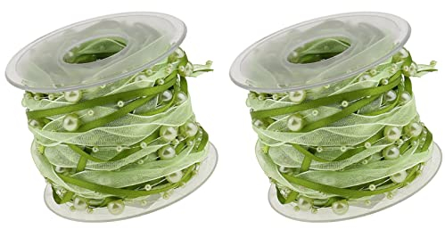 10 Meter Perlengirlande künstliche Perlen Kette Perlenband Perlenschnur Schleifenband Organzaband Dekoband für Hochzeit Weihnachtsbaum Deko (2 Rollen Grün)