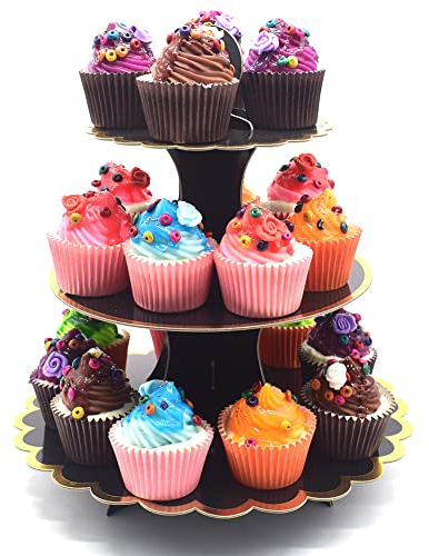 Timkumon Alzata per cupcake a 3 livelli, in cartone, usa e getta, per feste, matrimoni, compleanni, colore nero