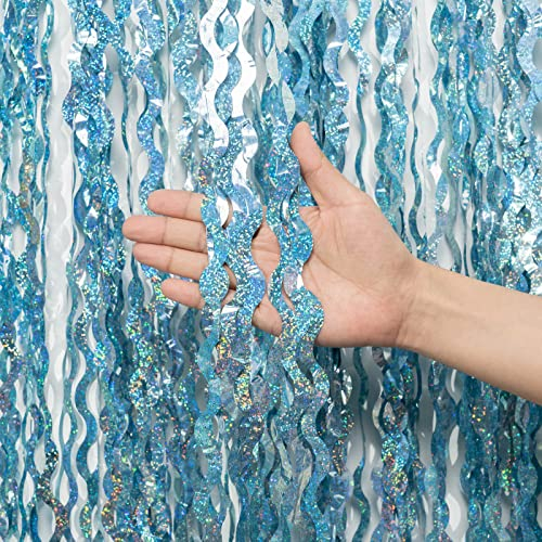 Lametta Vorhang Hellblau Glitzer, 2 Stück Metallic Folie Fransen Lametta Vorhänge, Hellblau Streamer Tinsel Curtain Photo Booth Backdrop für Geburtstag Babyparty Verlobungs Fasching Deko (1m x 2m)