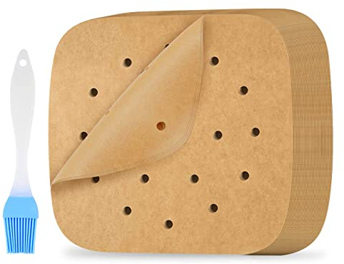 200 Pezzi Carta Forno per Friggitrice ad Aria, 20cm Fodera di Carta Olio di Silicone, Carta Pergamena Perforata per Vapore, Fodera di Carta per Friggitrice Monousa, con Pennello in Silicone Cucina