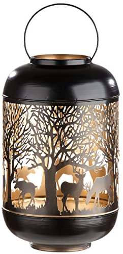 GILDE Laterne aus Metall - Weihnachtsdekoration Motiv Wald Hirsch - Farbe: außen schwarz innen Gold - Höhe 38 cm