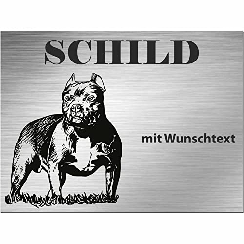 INDIGOS UG - Schilder selbst gestalten Pitbull - Wunschtext personalisiert - Aluverbundplatte Edelstahllook - ab 20x15 cm - Spruch - Deko Geschenkidee für Ihren Hund - Zaun - Türschild