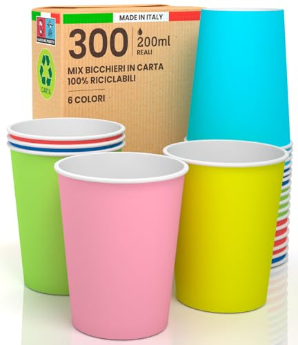 300 Bicchieri in Carta 200ml SuperMix Colorati Ecologici Biodegradabili Monouso Made in Italy Asporto Bevande Calde - MIX Colori Giallo Blu Rosso Verde Azzuro Rosa - Prodotto e Confezionato in Italia