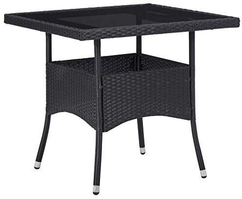 FIRBNUS 80x80x75 cm Garten Esstisch Gartentisch Wetterfest Schwarz Tisch Balkontisch Beistelltisch Holz Tischplatte Gartenmöbel Esszimmertische Poly Rattan und Gehärtetes Glas