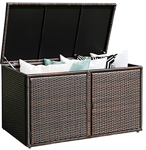 GOPLUS 335L Polyrattan Auflagenbox, Kissenbox Aufbewahrungsbox mit 2 Ablagen & Deckel, Gartenschrank für Garten, Balkon, Terrasse (Braun)