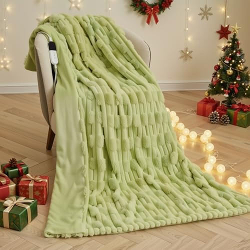 CURECURE Heizdecke Elektrisch 130x180cm, Bambus-Textur Kaninchen-Fleece & Flanell, 6 Heizstufen & 1-10H Auto-Aus, Maschinenwaschbare Wärmedecke für Bett Sofa Büro (Grün)
