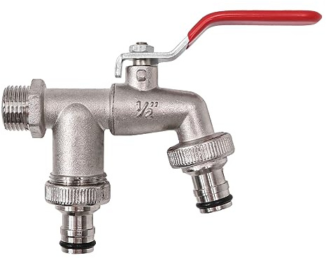 POFET Grifo de jardín de doble salida G1/2'', grifo anticongelante de aleación de Zinc para jardín, lavadora, barril de lluvia