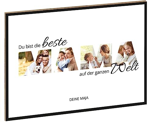 GRAVURZEILE Holzschild mit Foto - Familie Design - Personalisiert mit Namen und eigenen Fotos - Personalisiertes Foto Geschenk zum selbst gestalten für Sie & Ihn - DIN A4 Format - Farbe: Mama