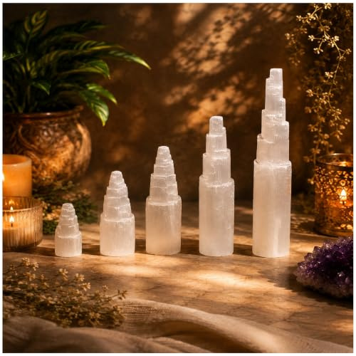 LANDSTER Selenit Kristallturm Edelstein Kristall Ladeturm Selenit Reiki Chakras Turm Heilung Edelstein Reinigung Dekoration Home Decor 15 cm