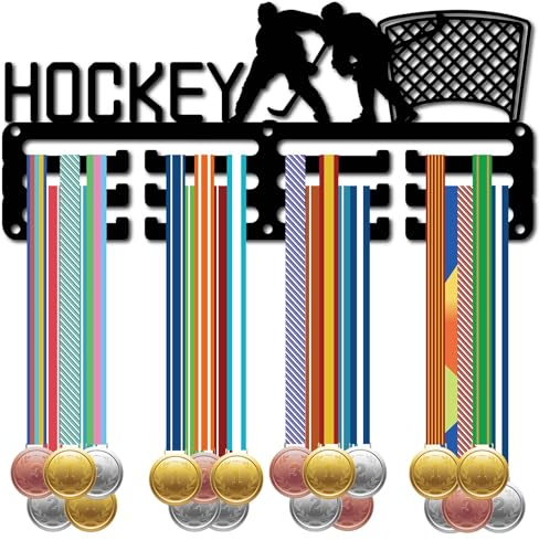 CREATCABIN Hockey-Medaillenaufhänger,Medaillenhalter,Präsentationsständer,Sport-Metallaufhänger,Auszeichnungen,Eisen,Kleine Halterung,Dekoration Für Die Wand,Zuhause,Rennen,Laufen,Schwarz,29x13cm