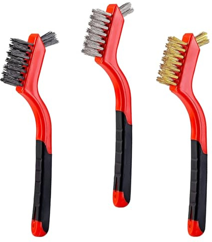 YiwerDer Mini-Drahtbürsten-Set, Edelstahl/Messing/Nylonborsten, gebogener Griff, weicher Griff für Rost, Schmutz und Farbe, Schrubben mit Tiefenreinigung, 17,8 cm, Rot