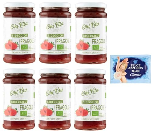6er-Pack Ohi Vita Marmelade Fragole,Cremiges Erdbeerkompott,Fruchtkompott,250g Glas + 1er-Pack Kostenlos Felce Azzurra Talkumpuder, 100g-Beutel