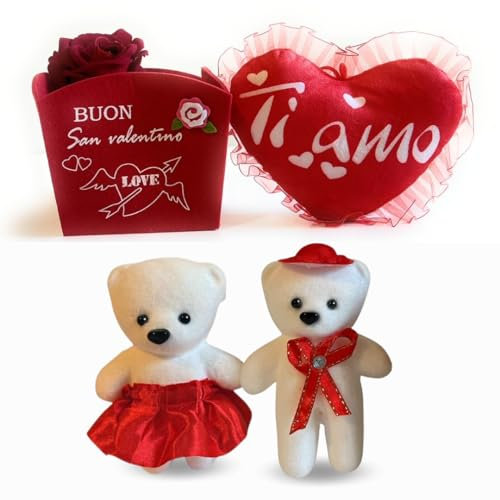 NARAMAKI Regalo Uomo|Donna 2025 - Cuscino A Forma Di Cuore + Rosa Rossa Di Velluto + Cestino Feltro Decorativo San Valentino - Regalo Festa della Mamma 2025