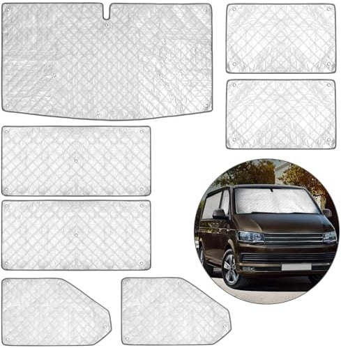 QWORK® Pack de 7 Estores Térmicos, Estera Térmica, Compatible con VW LWB T5/T6, Lona Interior de Protección Solar con Ventosas para Parabrisas y 6 Lunas Laterales