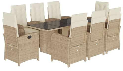 vidaXL Garten Essgruppe 9-TLG., Gartenmöbel Set mit Tisch 8 verstellbaren Gartenstühlen, Gartengarnitur mit Kissen, Sitzgruppe Essgarnitur, Beige Poly Rattan