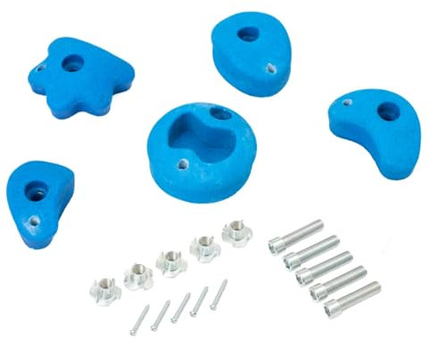 TRIBECCO Klettersteine für Kletterwand 5 Stück Klettergriffe inkl. Befestigungsset Verschiedene Formen Größe 8 x 11,5 cm aus Polyresin zum Outdoor- und Indoor-Klettern (Blau)