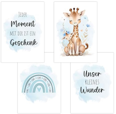 4er Set Baby DIN A4 Bilder mit Giraffe, Regenbogen und Sprüchen, Poster mit Tiermotiv für Babyzimmer, 200g/m² Papier, Kinderzimmer Wanddeko, für Bilderrahmen, Dekoration für Jungen & Mädchen, Hellblau