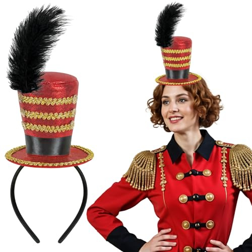 Dkomekii Mini Circus Ringmaster Hat Headband Red Mini Top Hat Crazy Halloween Cosplay Party Costume Headwear Soldier Costume Lion Tamer Headpiece