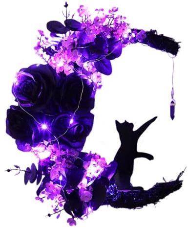 Halloween-Mondkranz – Gothic-Halloween-Mondkatzenkranz, Türdekorationen | Gruselige gruselige Türdeko,| 13,7 x 25 cm großer Frontkranz, saisonales, langlebiges, wetterfestes Halloween-Rosendekor