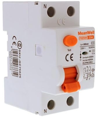 MeanWell Interruptor diferencial 300mA, Clase AC, 1P+N 6000A 300mA, 2 módulos DIN, Residual Current Circuit Breaker, RCCB 1P+N 25A