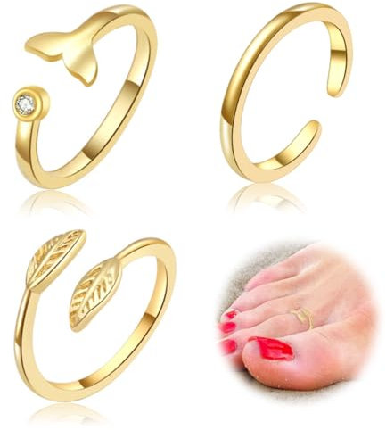IKOPFLN 3 Stück 14K Gold Zehenringe für Frauen Fußkettchen und Zehenring Set Verstellbare Fußkettchen Fußschmuck
