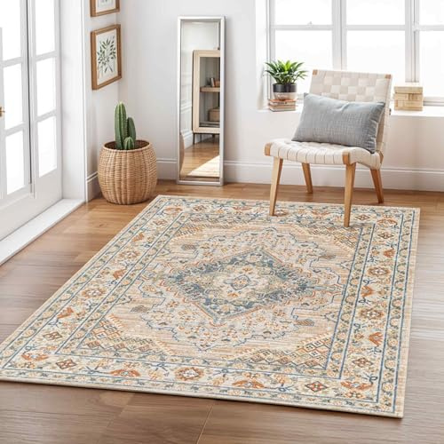 Livabliss Marion Manama Machine Washable Floor Covering 140x200 cm – Vintage Boho Pattern for Living Room, Dining & Kitchen, Easy Care, Beige, Blue & Dark Orange