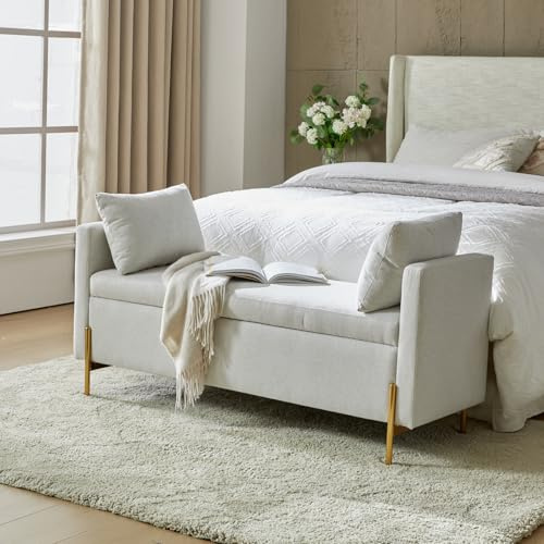 HULALA HOME Storage Ottoman Bench for End of Bed with Metal Legs, Grey | Upholstered Storage Bench with Hidden Divided Storage, Thick Foam Cushion and 2 Pillows for Bedroom, Living Room, Entryway