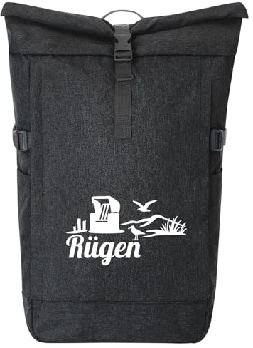 Huuraa Kurierrucksack Rügen Strandmotiv 30-44 Liter Black Melange Fairtrade Rolltop Rucksack Geschenkidee
