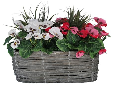 GreenBrokers Artificial Grey Rattan Window Box with Pink & White Pansies and Decorative Grasses