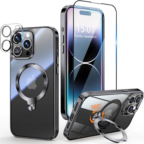 Yoouther 3 in 1 Magnetische Hülle für iPhone 14 Pro Max 6.7 [360° CD Unsichtbarer Drehständer für MagSafe] [Mit Stück Schutzfolie & Kameraschutz] [Nie Vergilbung] Militärschutz Stoßfest, Schwarz