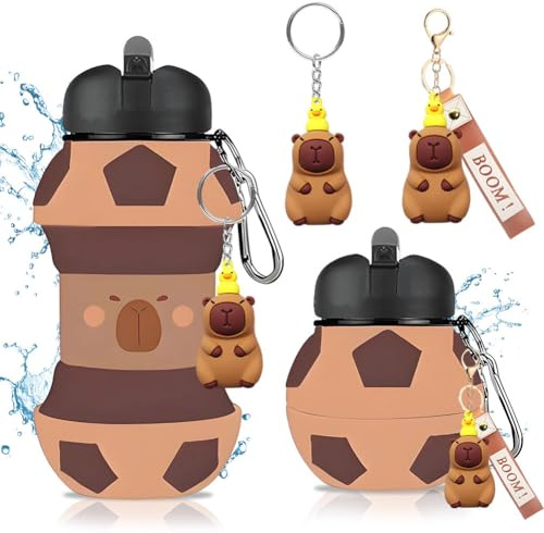 GlibberToy Football drinking bottle for children, Capybara silicone water bottle with carabiner hook Capybara key ring Keychain 550ml Cute Animal Sport Foldable drinking cup for boys Children