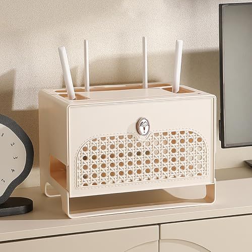 Rattan Router Storage Box, WiFi Box Hider with Hollowed-Out, Router Media Cabinet, Organizer with Removable Partitions, for Living Room, Office, Bedroo(White)