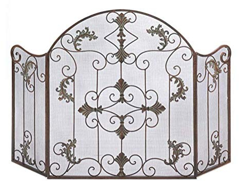 AISNXOQI Fireplaces Spark Protection Fireplace Screen, 3 Panel Wrought Iron Fire Place Standing Gate, Baby Safe Fire Guardrail Spark Guard Cover, Bronze