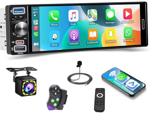 Roinvou Autoradio 1DIN Carplay Android Auto, 6.5'' IPS Incell Touch | Bluetooth con Retroilluminazione Colorata, EQ AM/FM/RDS, Porte USB/Type-C, Telecamera Retro, Vivavoce, Nero