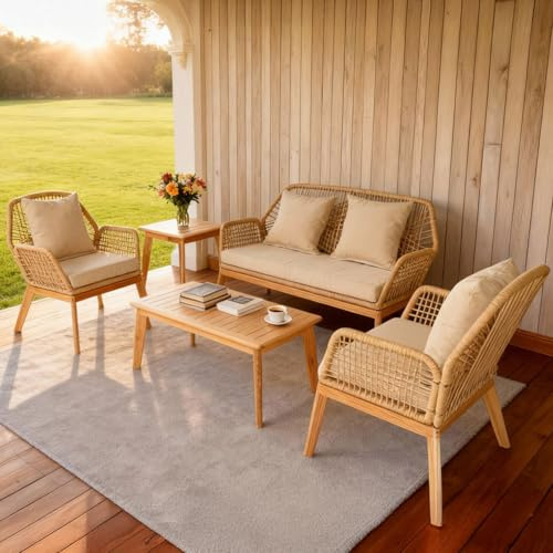 CONCEPT USINE Salon de Jardin Rosario 4 Places Bois Chêne Beige | 5 pièces avec table d'appoint, tissage corde clair, coussins moelleux